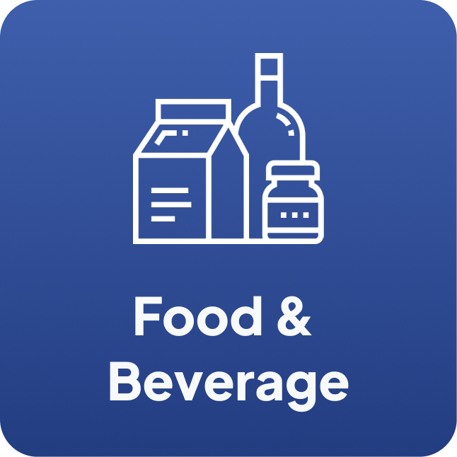 Food and beverages icon showing a carton, bottle, and jar on a blue background