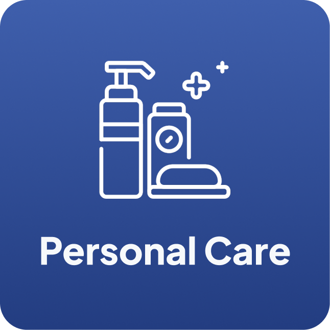 Personal care icon showing bottles and soap with the caption Personal Care on a blue background.