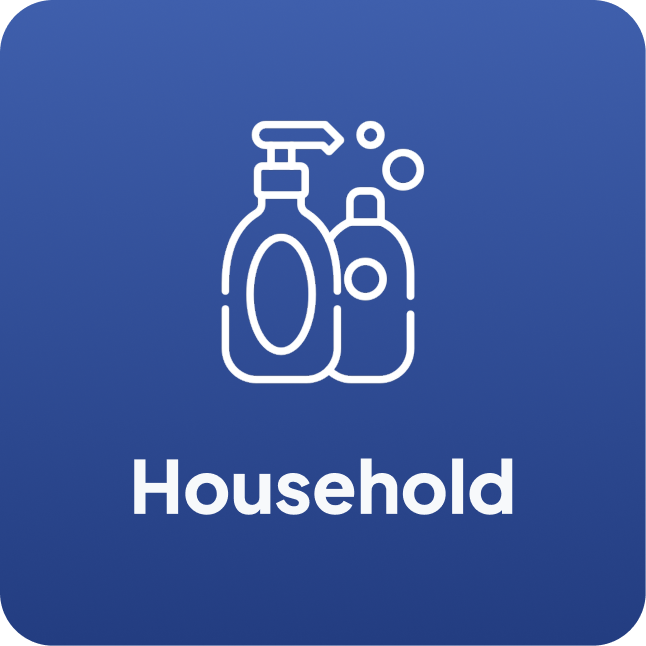 Household icon with two cleaning bottles on a blue rounded square.