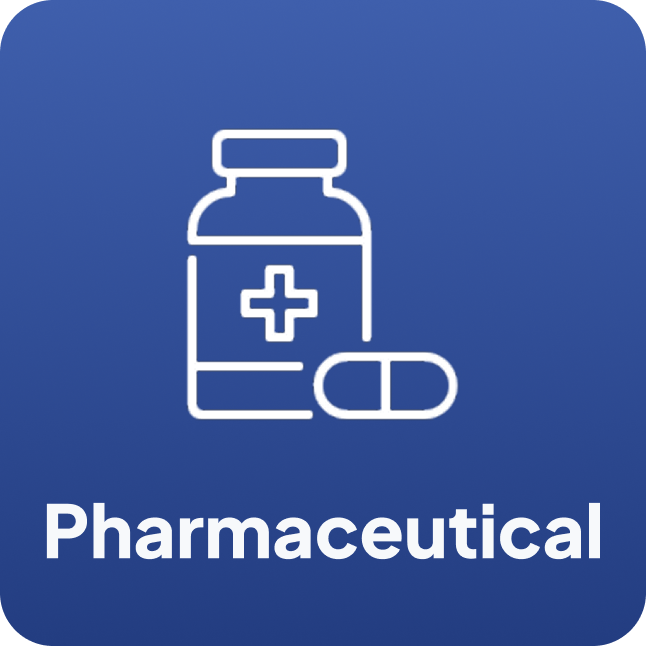 Pharmaceutical icon: outline of a medicine bottle with a cross and a pill on a blue background.