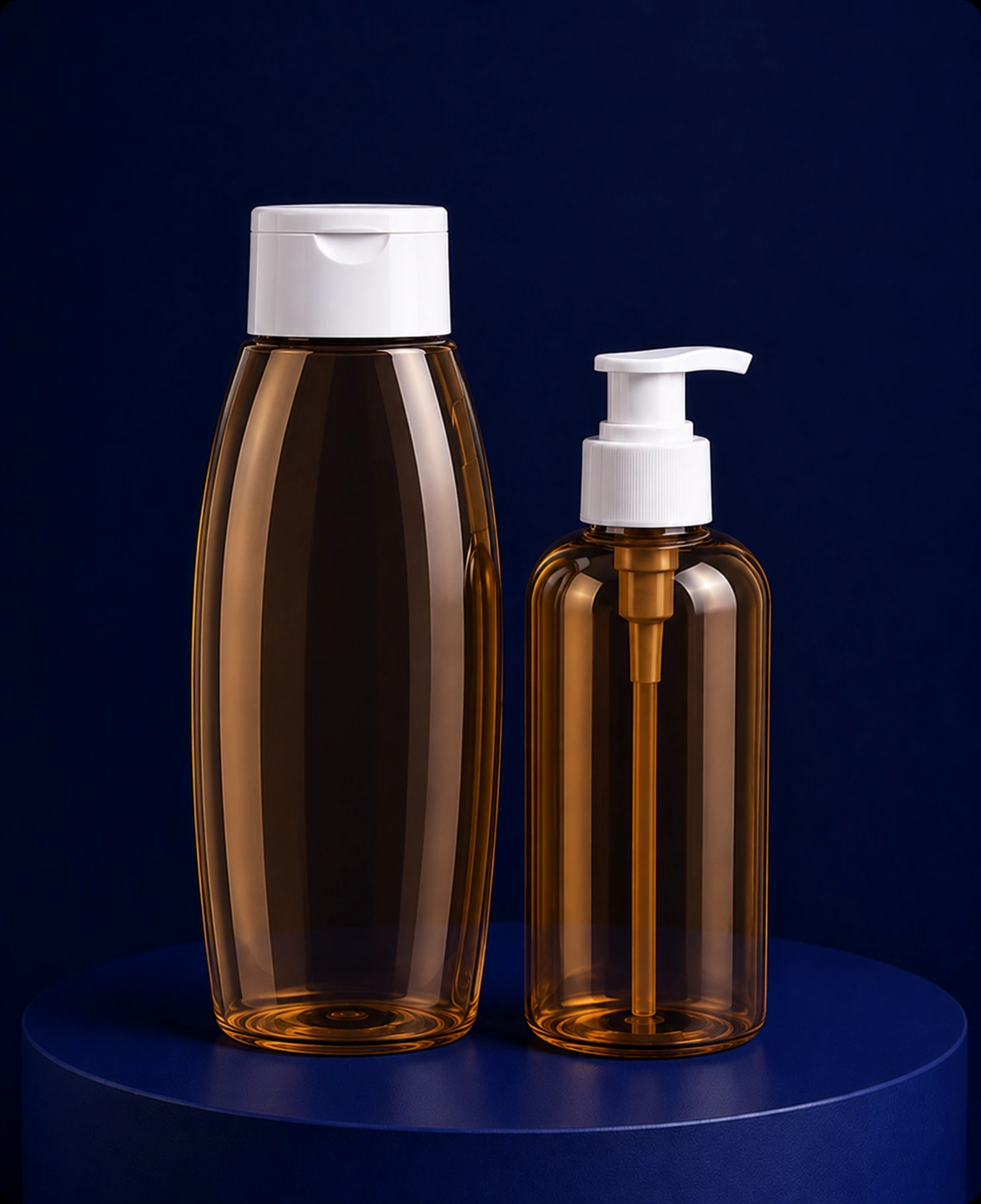 Two brown cosmetic bottles with white caps—a pump bottle and a flip-cap bottle—sit on a blue display pedestal against a dark background.